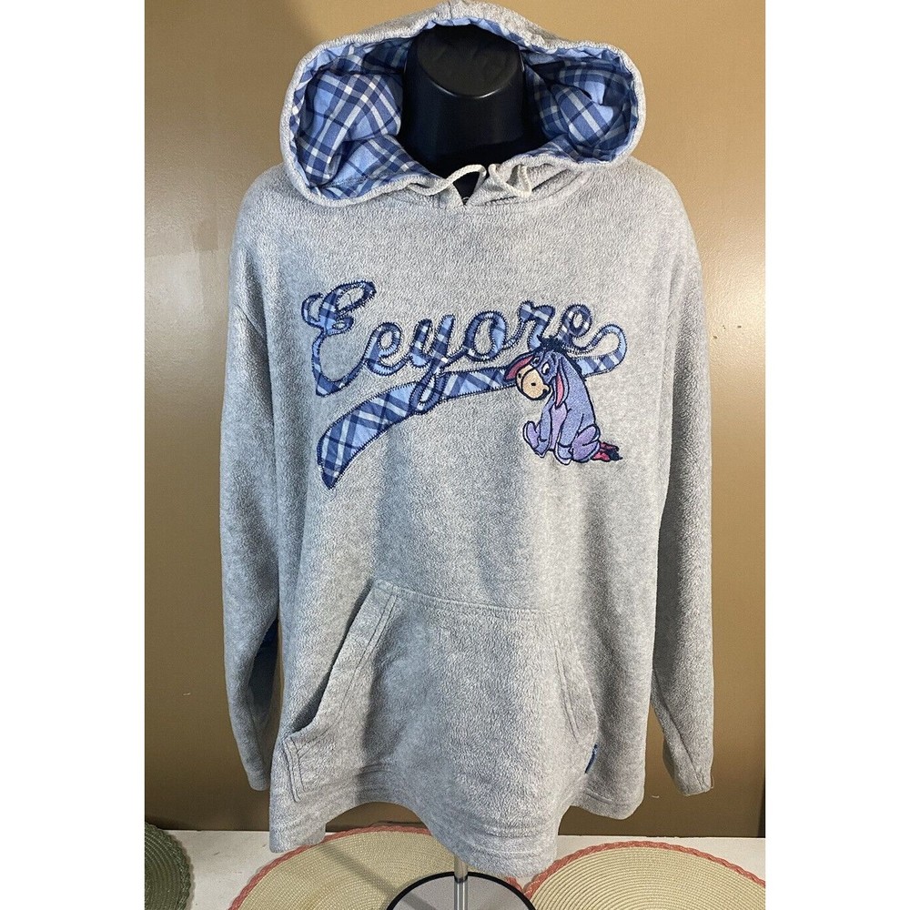 Disney Store Eeyore Embroidered Fleece Pullover Hoodie Blue Plaid Inside Size L